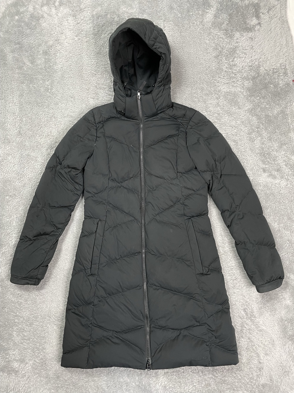 LL Bean Down Puffer Coat Womens XXS Black Hooded Long Quilted Full Zip Outdoor